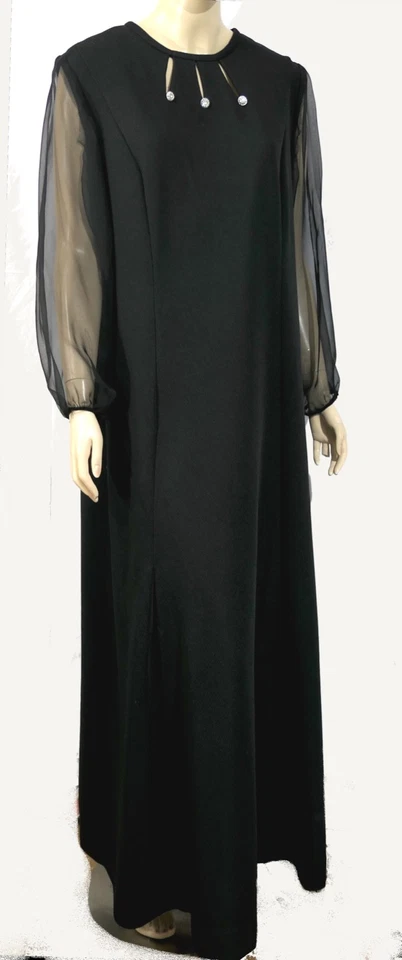 Vintage 70s Goth Mod Maxi Dress Sheer Sleeve Rhinestone Button XXL Plus 20 - Image 2 of 4