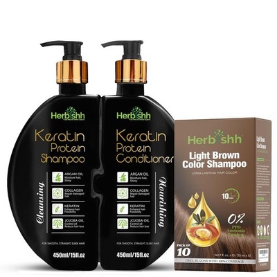 Herbishh Hair Dye Shampoo Set Keratin Gray Coverage Sulfate Free Care Kit