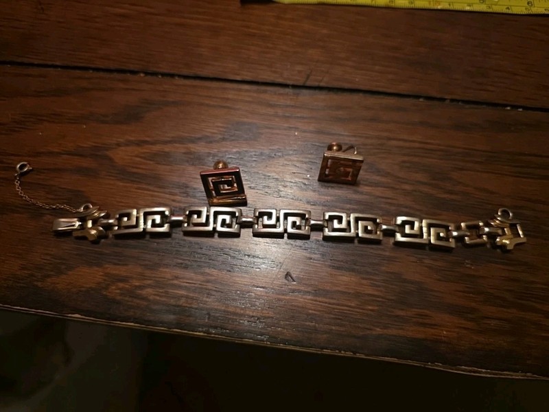 Vintage Barclay Signed Silver Tone Bracelet Earrings Greek Key Design