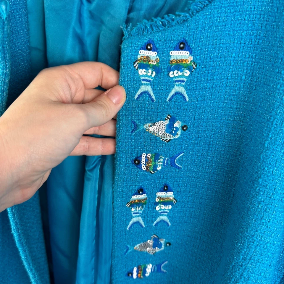 Talbots Fish Beaded Embellished Tweed Jacket Size 18W Blue Open Front Preppy - Image 2 of 4