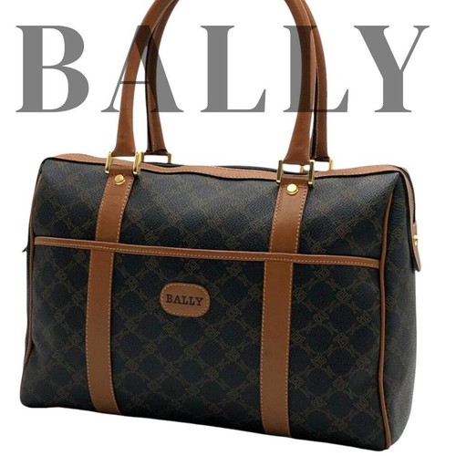 Bally Monogram PVC Leather Boston Bag Black Brown Gold Hardware Travel Dust Bag