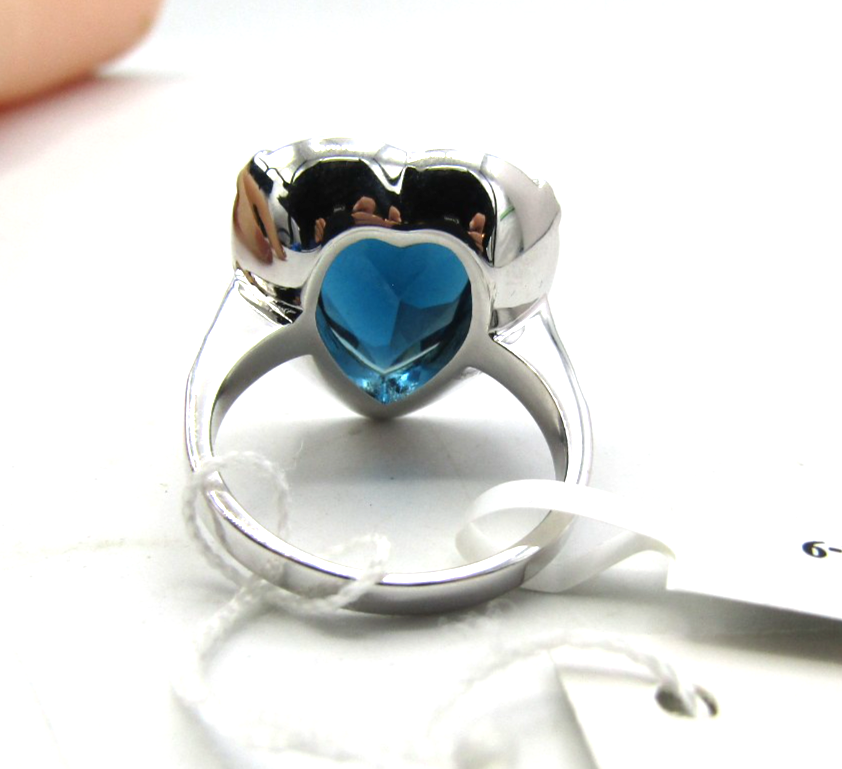 JTV TITANIC COLLECTION CZ & BLUE CRYSTAL HEART SILVER TONE RING
