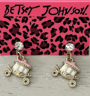 Betsey Johnson Pink Crystal Princess Carriage Coach Car Dangle Earrings NWT