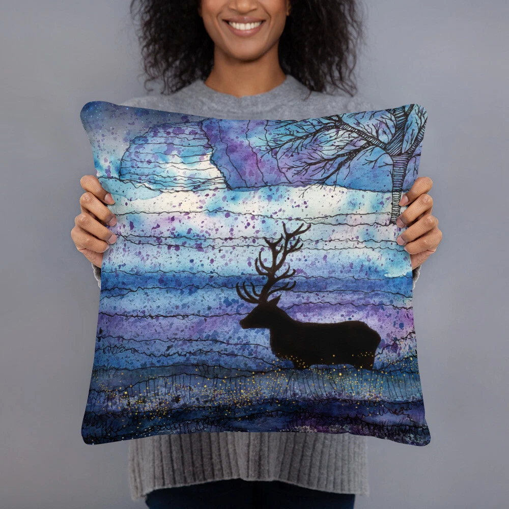 Blue and Purple Watercolor with Deer Basic Pillow Cabin Home Decor
