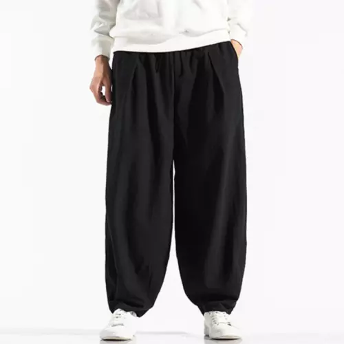 Men Linen Wide Leg Trousers Pants Plain Baggy Tapered Oversize Solid - Picture 17 of 21