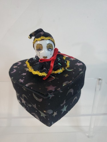Vintage Porcelain Harlequin Jester Doll Heart Trinket Box Hand Painted 4"X3"