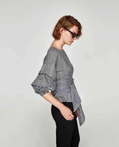 ZARA CHECKED WRAP BLOUSE-puff sleeve-white/black-sz XS, S-REF:4437/261-NWT  | eBay