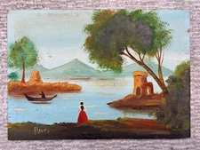 VINTAGE NAIVE RIVAS SIGNED OIL PAINTING MASONITE BOARD WOMAN BY RIVER LANDSCAPE
