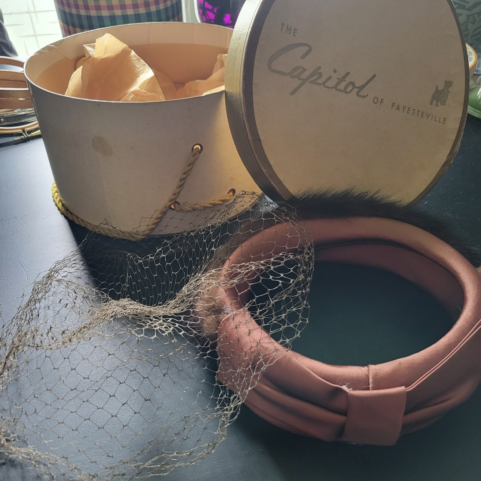 Vintage 1950s Fur Trim Satin Bow Hat with Veil In Round Capital Of Fay Hat   Box