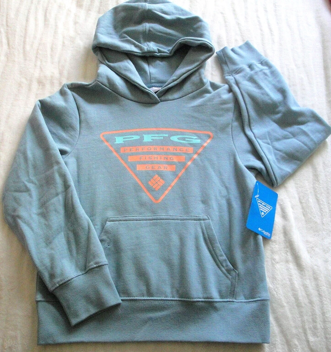 NWT $40 Boy's COLUMBIA PFG HOODIE Pullover LARGE LOGO Small SIZE 7-8 Light  Aqua