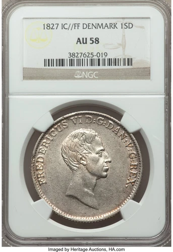 Denmark 1827-FF Speciedaler NGC AU58 scarce