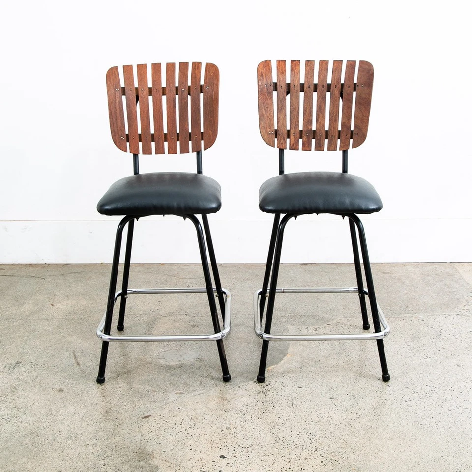 Juego de 2 taburetes de bar modernos Mid Century madera giratoria negra vintage americana Umanoff Foto 2 de 4