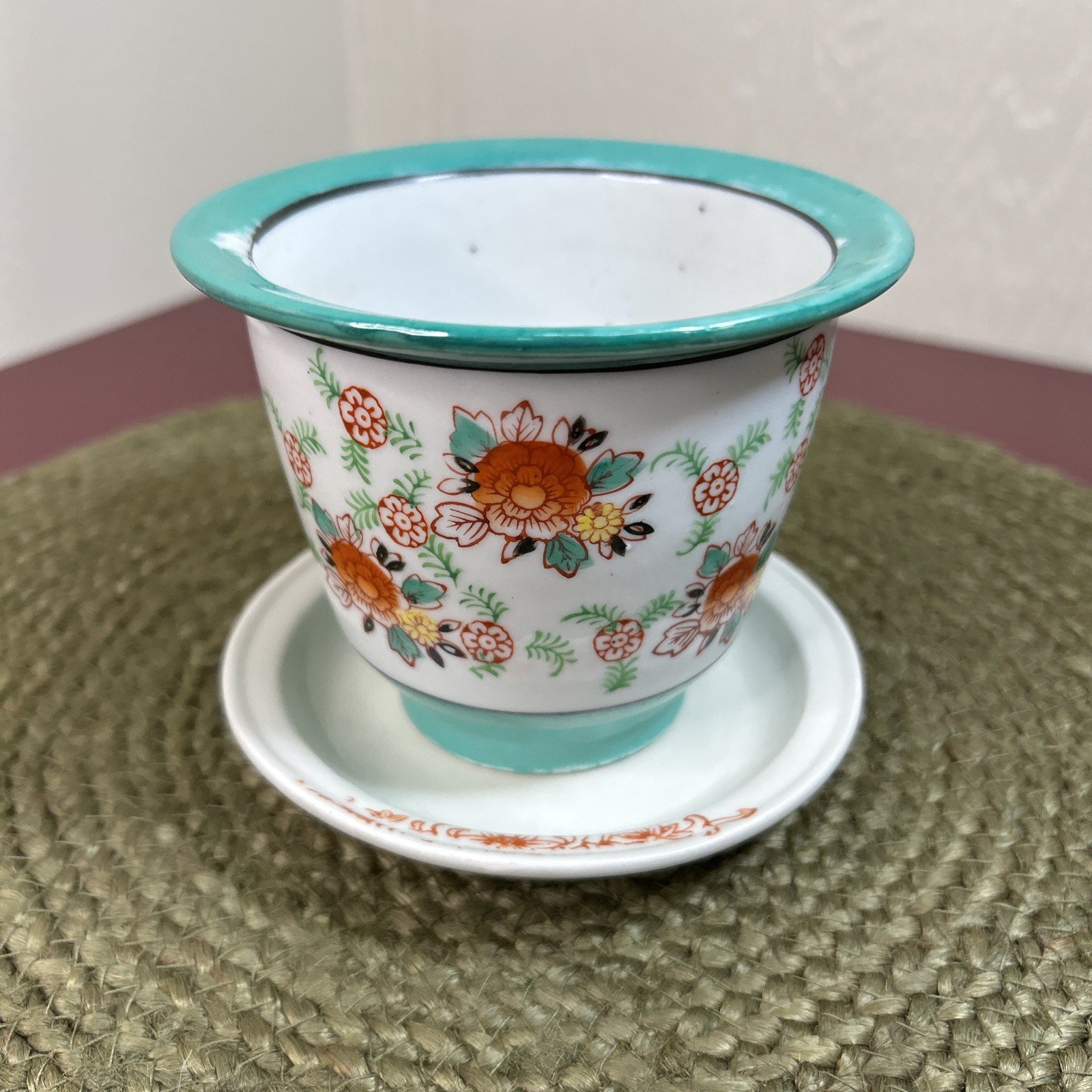 Vintage T&T Chinese Rose Medallion Green Floral Flower Planter Pot W/  Plate 4”