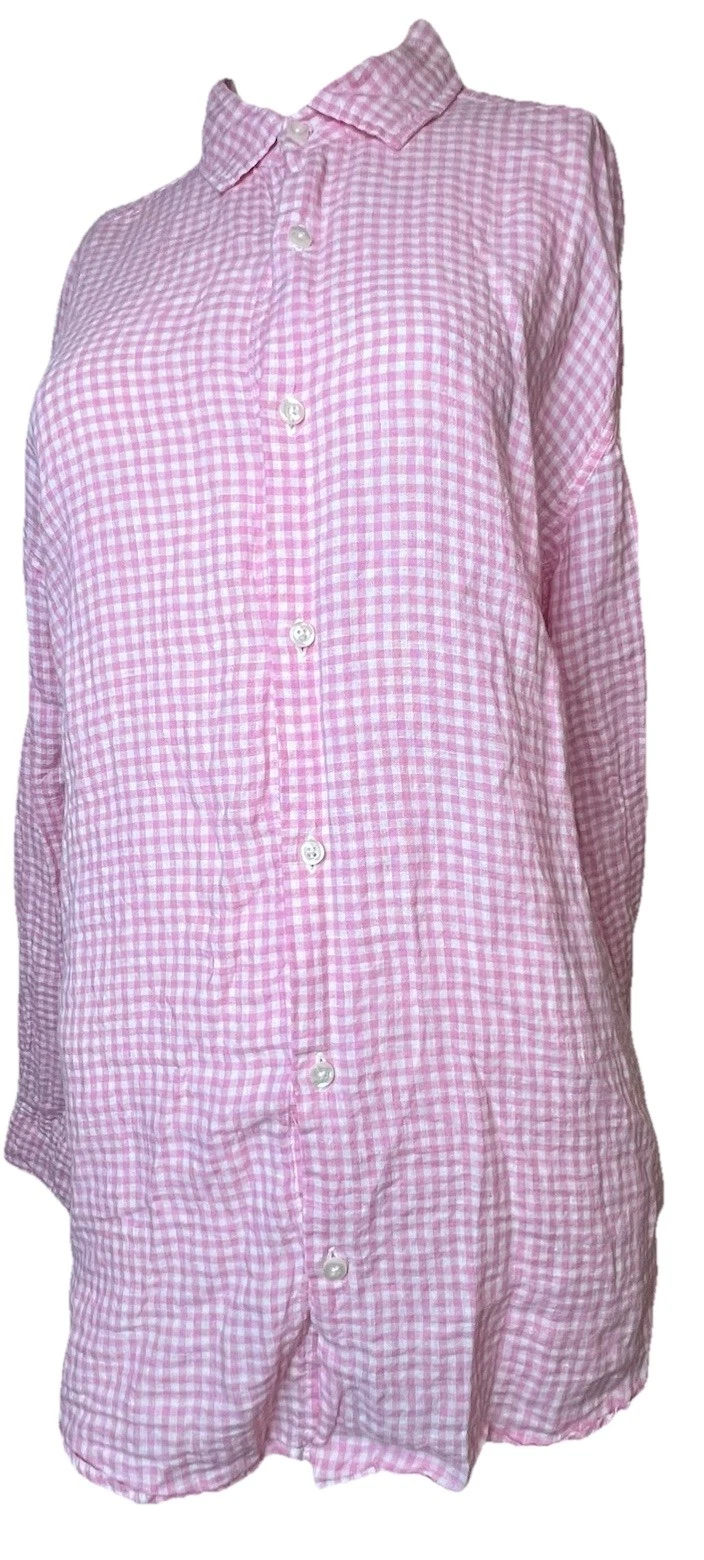 Saks Fifth Avenue 100% Linen Button Up Shirt Mens Large Slim Fit Pink Check