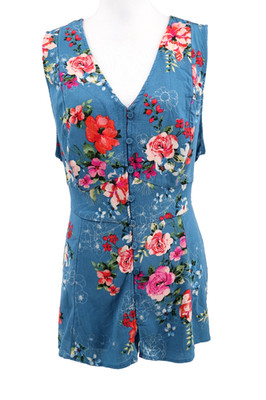 Torrid Rayon Slub Button Up Tank Womens Size 2X Blue Floral Waist Tie V Neck New