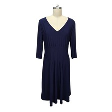 Hobbs London Navy Blue Pintuck V-Neck 3/4 Sleeve Midi Dress Womens US 12 UK 16