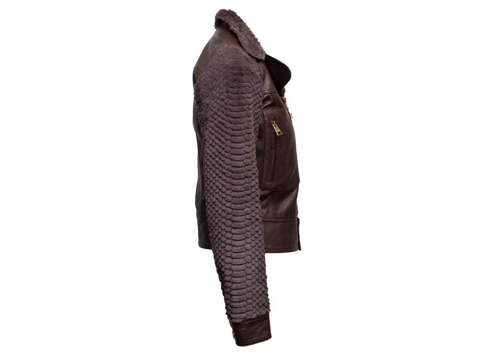 Brown Just Cavalli Leather & Kangaroo Fur Moto Jacket Size IT 40 - Image 3 of 4