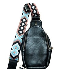 Unbranded Black Vegan Leather Sling Bag Embroidered Strap