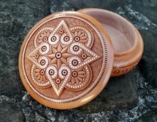 Jewelry box Round carved wooden Inlaid box Necklace Wedding birthday gift 5"