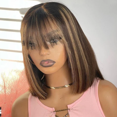 Honey Blonde Highlight Bob Cut 13X4 Lace Front Wig With Bangs Short Human Hair - Picture 4 of 8