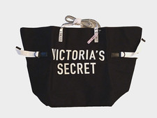 Victoria  s Secret Canvas Tote Bag Black White Logo Weekender Large NWT NEW