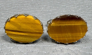 Authentic Vintage Tiger's Eye Yellow Gold Plated Cuff Links