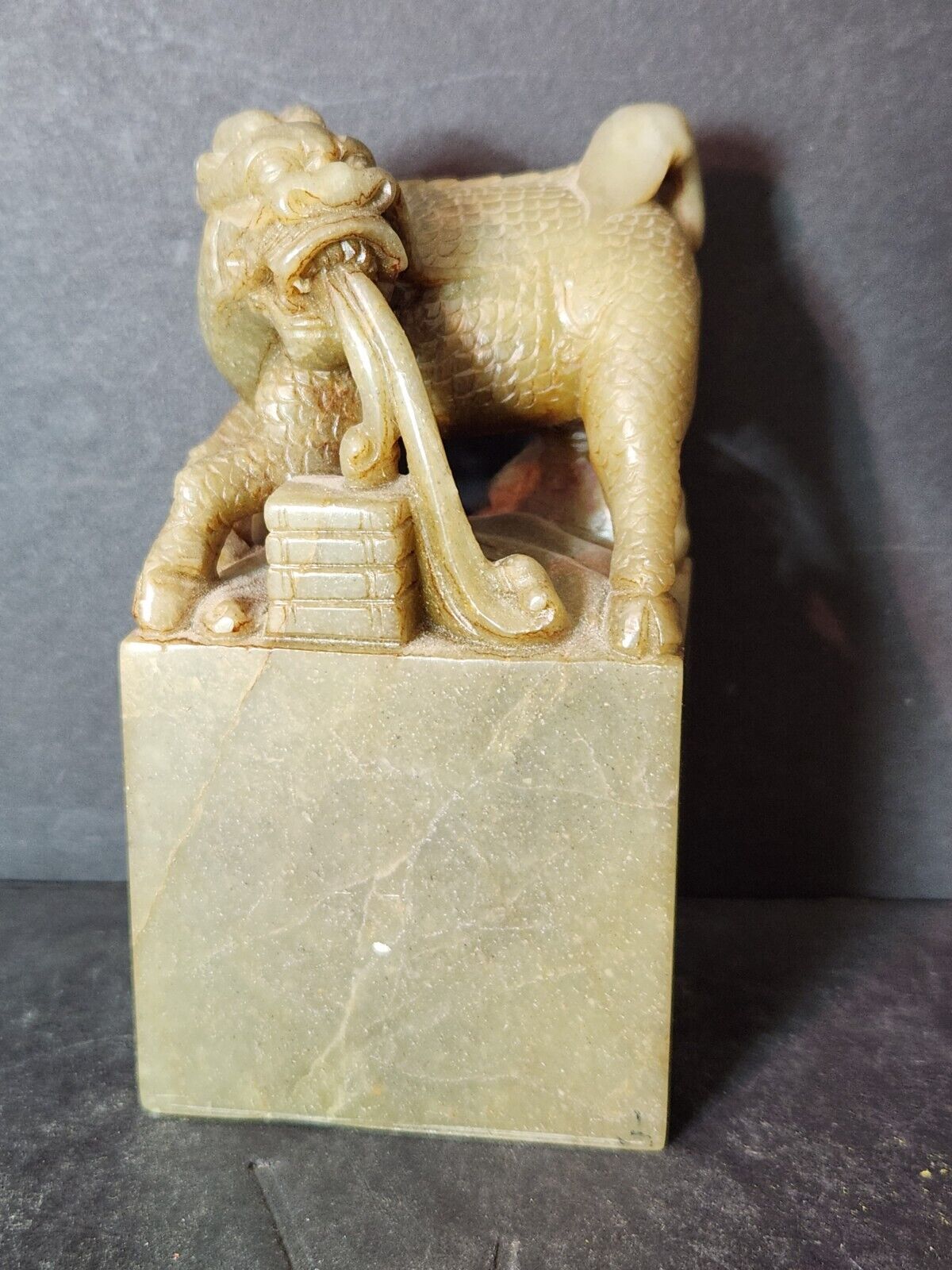Chinese Fu Dog Seal Feng Shui Jade Soapstone Statue Rare Vintage