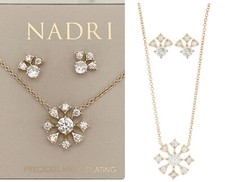 Nadri CZ Snow Flake Cluster Pendant Necklace  Stud Earrings Set, Goldtone, NWT