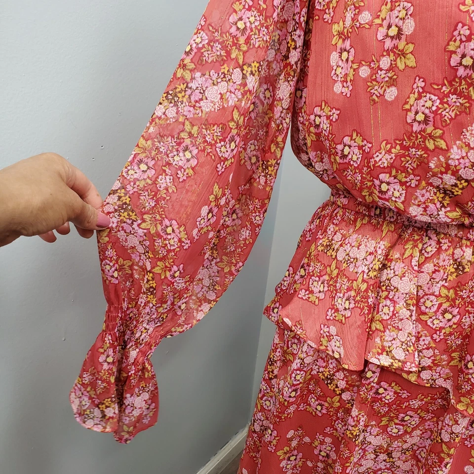 Vestido LC Lauren Conrad En Capas Mujer M Multi Floral Metálico Transparente Cuello Sobrepelliz Foto 4 de 4