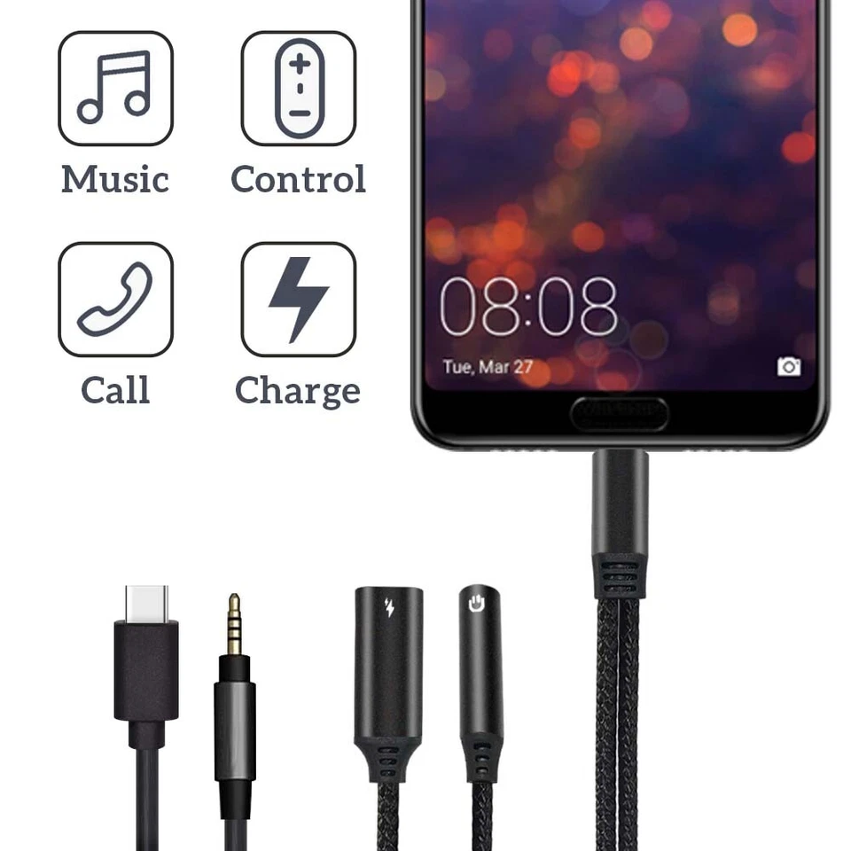 Cable cargador de auriculares de audio auxiliar USB tipo C a 3,5 mm para iPhone 15 Pro Max 2 en 1 Foto 3 de 4