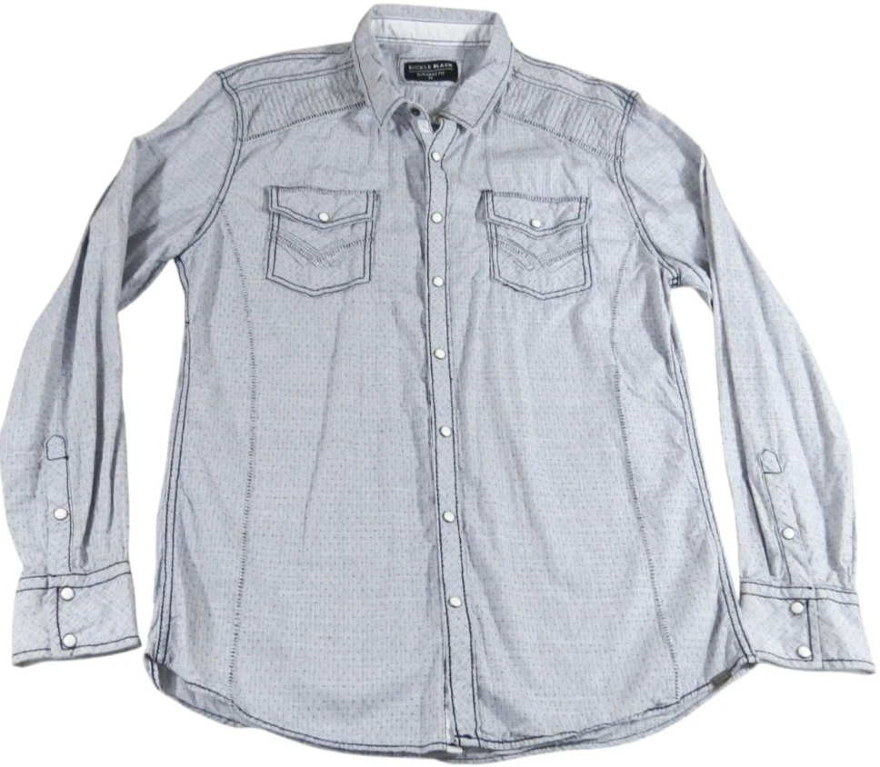 Buckle Black Western Shirt Men XL Gray Pearl Snap Tailored Fit Cotton Plaid EUC