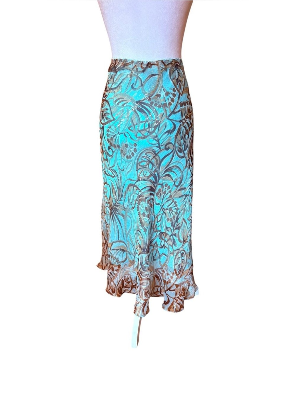 Bob Mackie Boho Silk Metallic Midi Skirt Floral Fairy Womens 16W Blue Brown