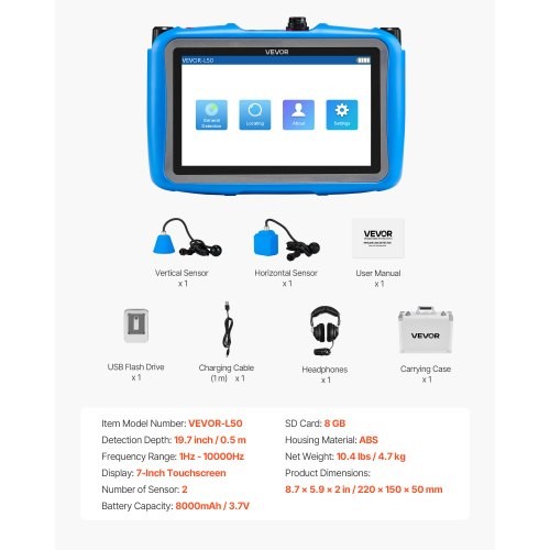 Pipe Water Leak Detector for Indoors, 1Hz-10000Hz, 7" Touchscreen Plumbing Water