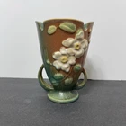 Roseville White Rose Brown Green 1940 Vintage Art Pottery Ceramic Vase 980-6