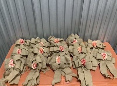 14 Burlap Bows With Peach Flower Wedding, Fall, Rustic Decoration 