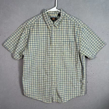Route 66 Plaid Button Down Shirt Adult Large Blue Yellow Short Sleeve Mens