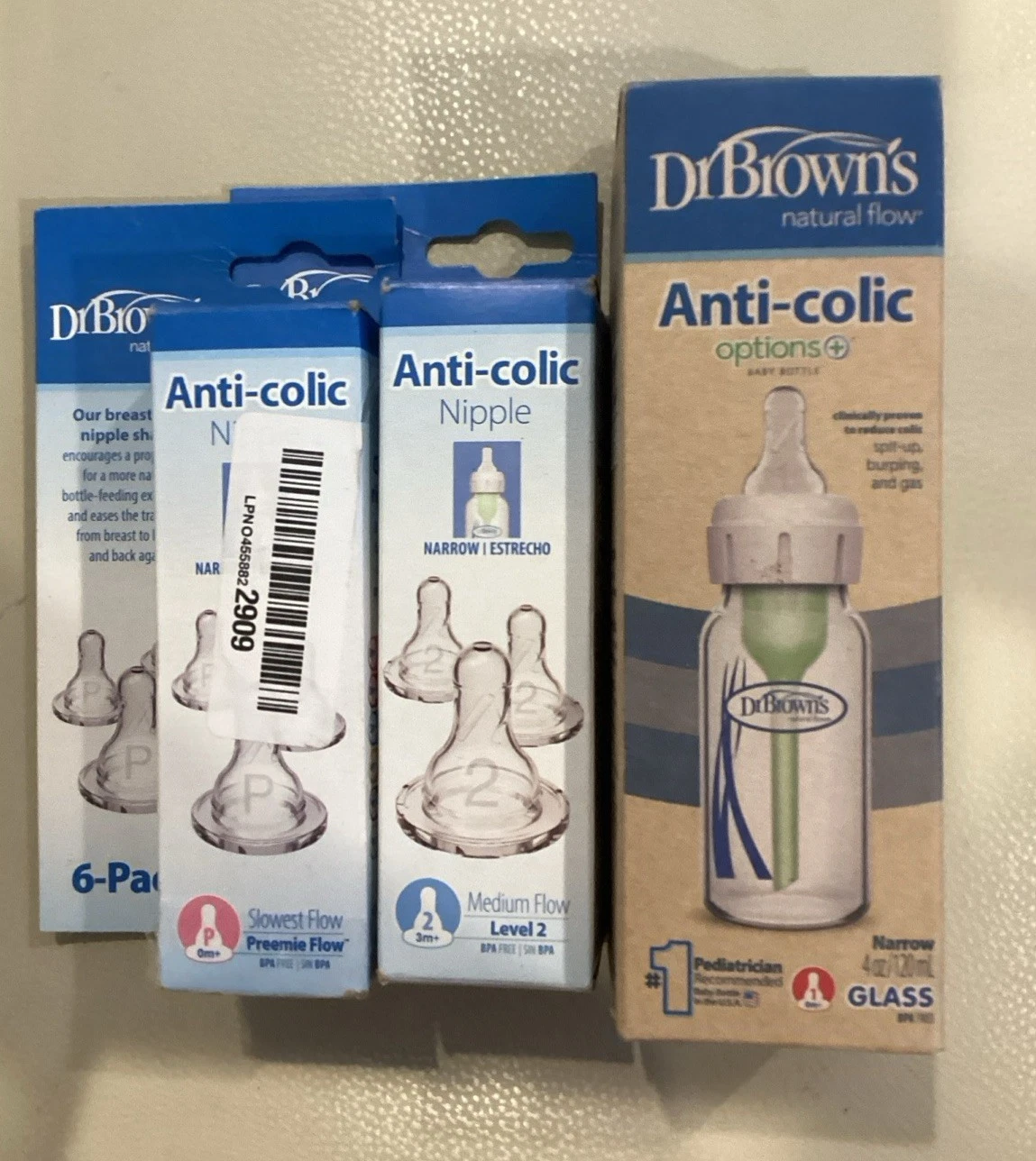 Dr. Brown's Anti-Colic GLASS Baby Bottles Level 1 Narrow 4oz 2 Pack Xtra Nipples