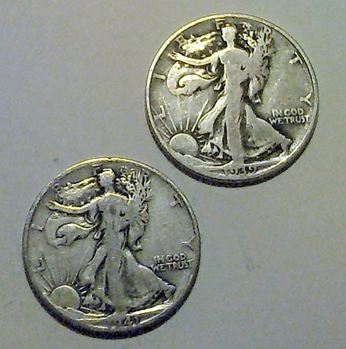 Lot of Two 1941 Walking Liberty Half Dollar Coins, 90% Silver, 1939-D and 1941-D
