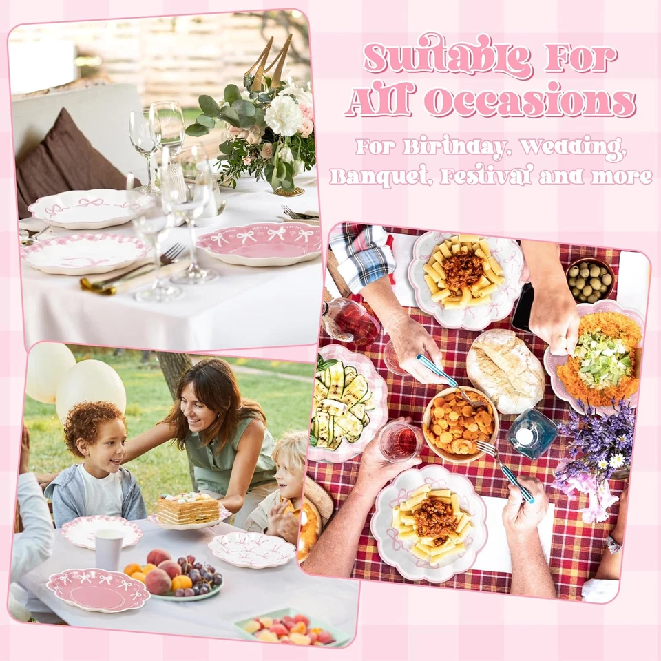 Platos de papel con lazo rosa - 60 piezas platos de flores desechables de 7 pulgadas platos para Se... Foto 4 de 4