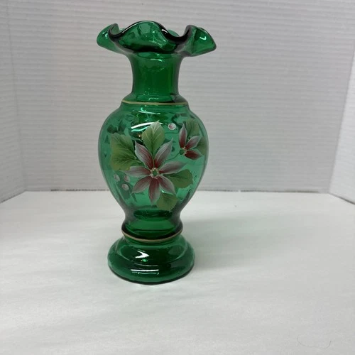Fenton Art Glass Hand Painted Floral Green Ruffle Vase SIGNED by mfr and artist