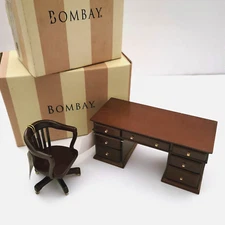 BOMBAY CO Wood Pedestal Desk & Bankers Chair w/ rolling casters 1:12 Vintage NIB