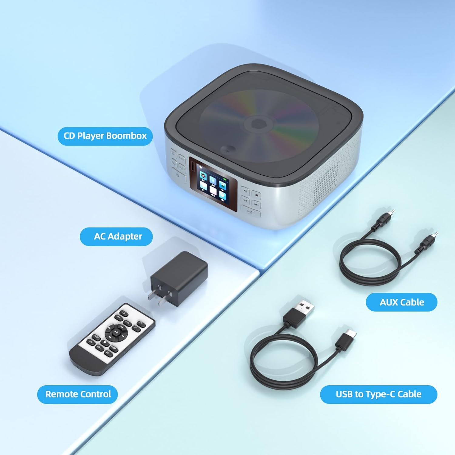 Portable Bluetooth CD Player Boombox with LED Display & AUX/USB Speakers