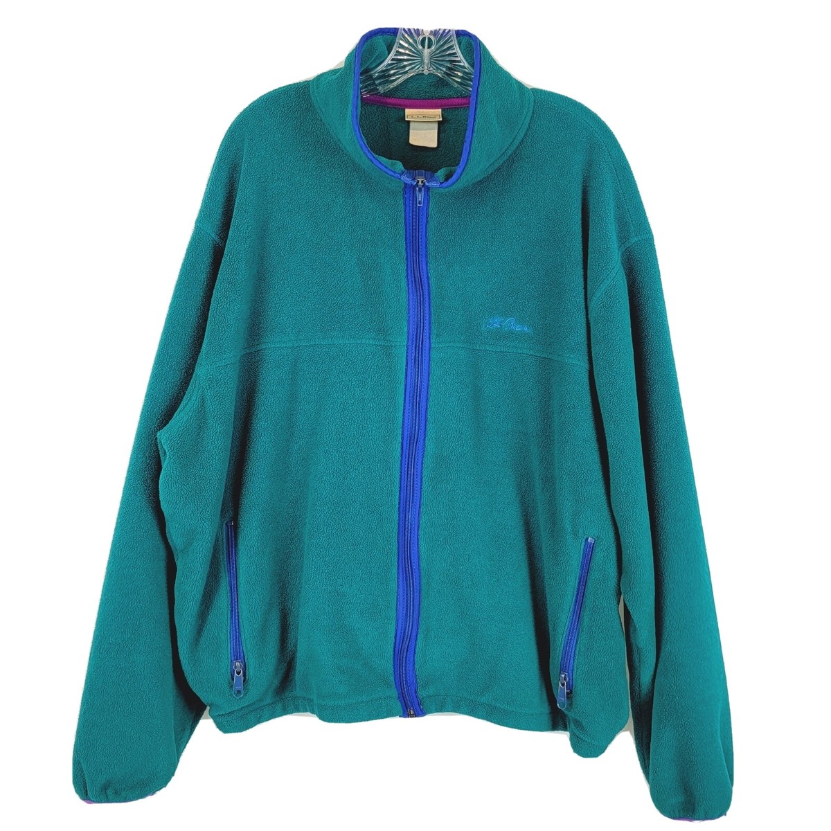 LL Bean Womens Teal Aqua Full Zip Fleece Jacket Vintage Oversized Plus Size