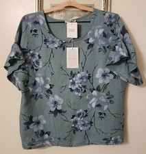  ELENA BALDI Italy Women SM Linen Pullover Ruffle Sleeve Blouse Blue Floral   