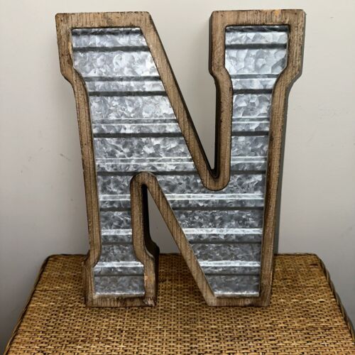 XXL 14" Letter N Galvanized Metal Wood Industrial Home Business Wall Monogram - Picture 1 of 16