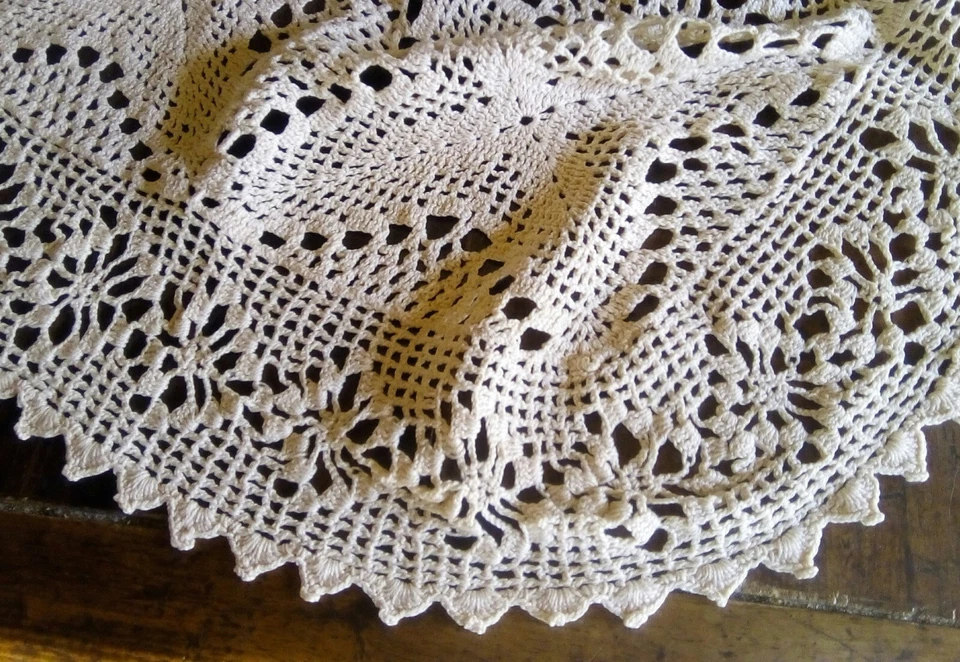 ANTICA TOVAGLIA COTONE ALL'UNCINETTO RETTANGOLARE COLORE ECRÙ - 1950 - Immagine 3 di 3