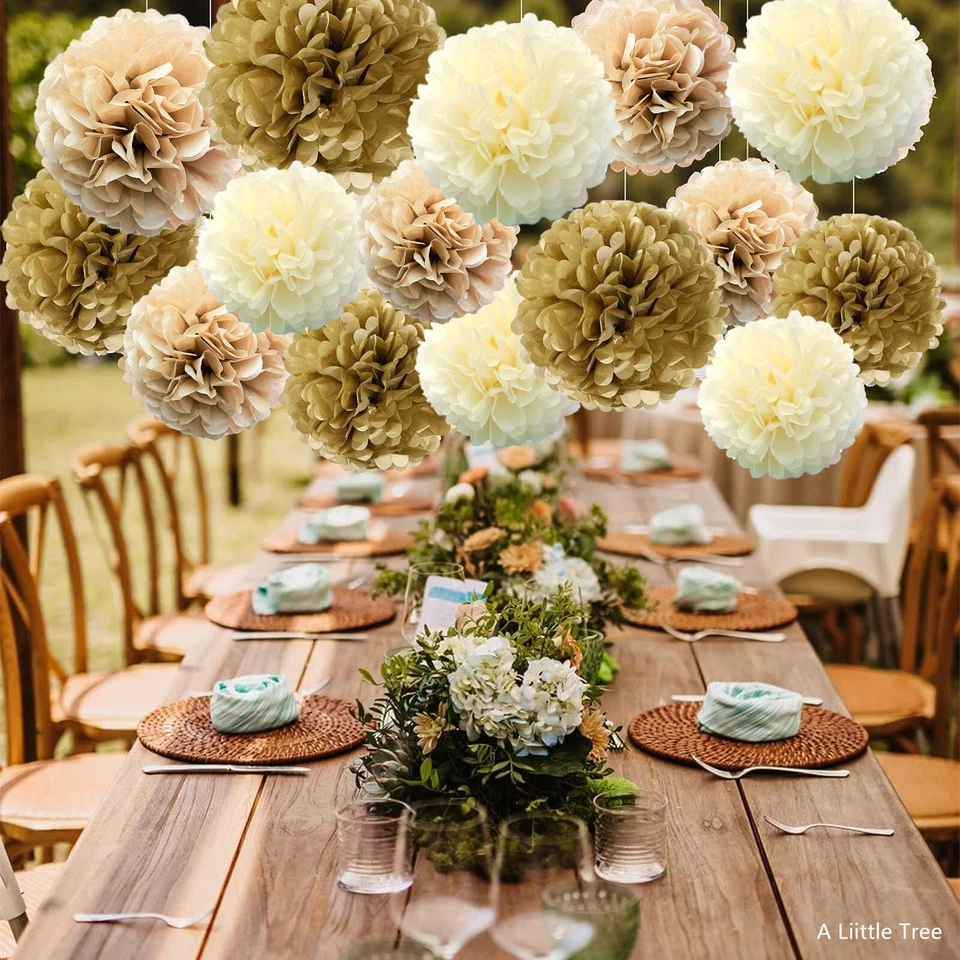 18PCs GOLD Mix Tissue Pom Poms Paper Pompom Flower Ball Birthday Christmas Party - Image 3 of 4