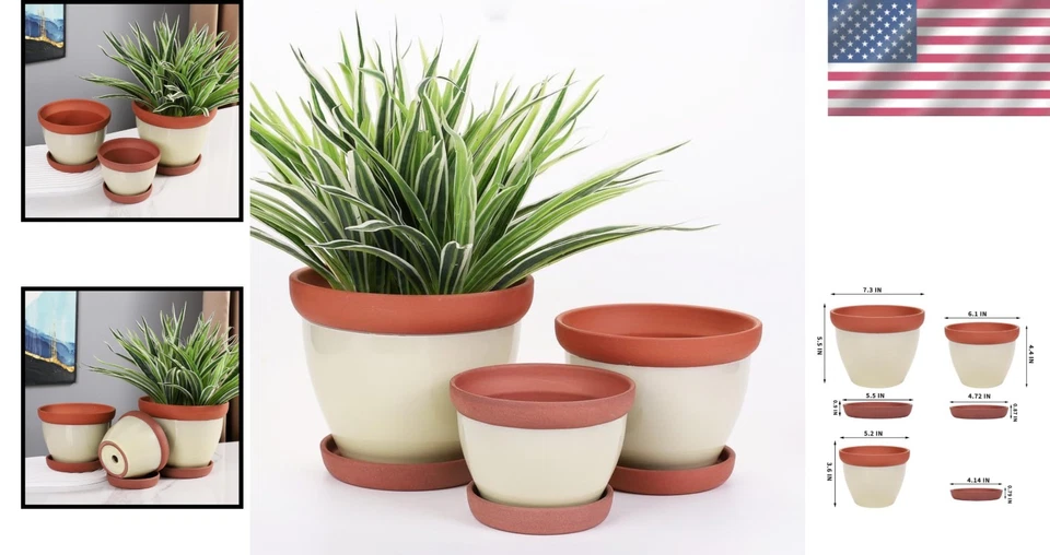 Macetas de terracota amarilla elegantes y transpirables con drenaje - Juego de tres Foto 2 de 4