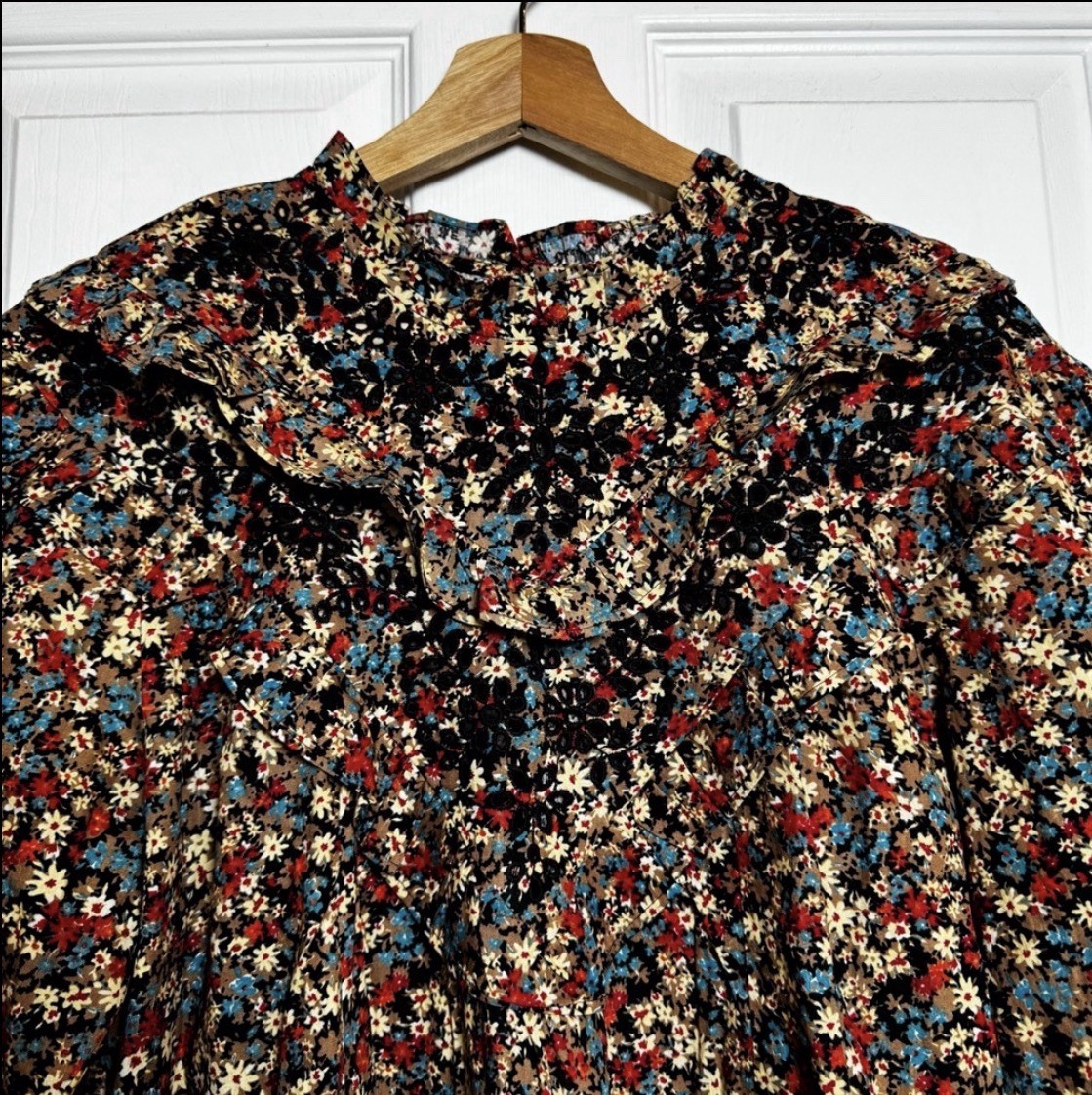 Mango Embroidered Floral Dress Boho Cottagecore Long Sleeve Ruffle Neck S NWT thumbnail 5