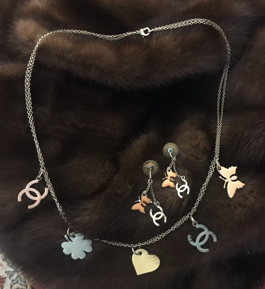 Genuine Authentic CHANEL Necklace & Earrings Set Butterfly, Heart & CC Charms - Image 2 of 4